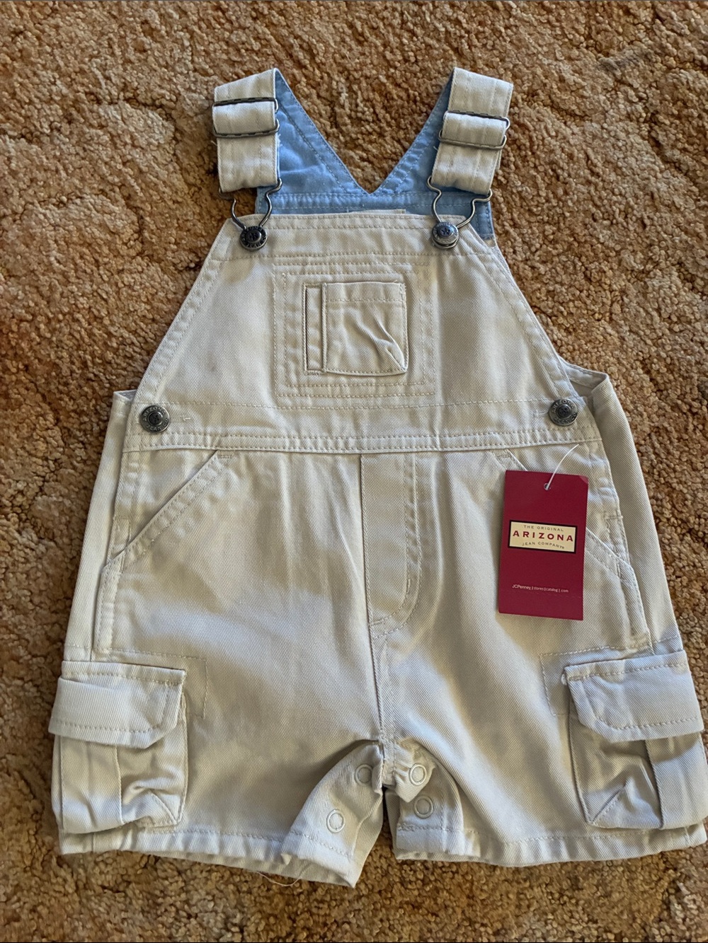 Vintage/Y2K Arizona Jean Company Cream Shortall Overalls with Blue Straps